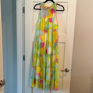 entro Neon Abstract Ruffle Neck Tiered Maxi Dress — Green, Yellow, Pink, White